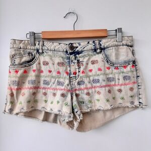 Y2K Vintage Mossimo Denim Shorts Jrs 13 Embroidered Cut Off Acid Wash Festival